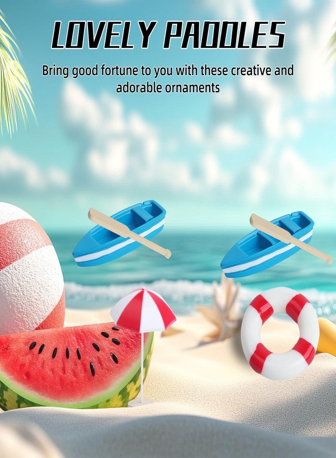 Begino 4 Sets of Miniature Rowboat Mini Blue Boat with Red Oars Figurines Micro Landscape Life Buoy Red Beach Umbrellas Canoe Models Ocean Beach Scene Ornaments - Image 4